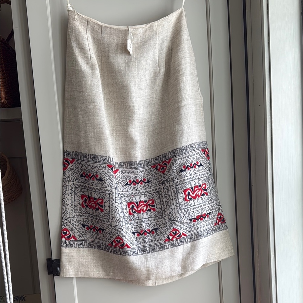 Vintage Beige linen blend navy and red embroidered Pencil Skirt